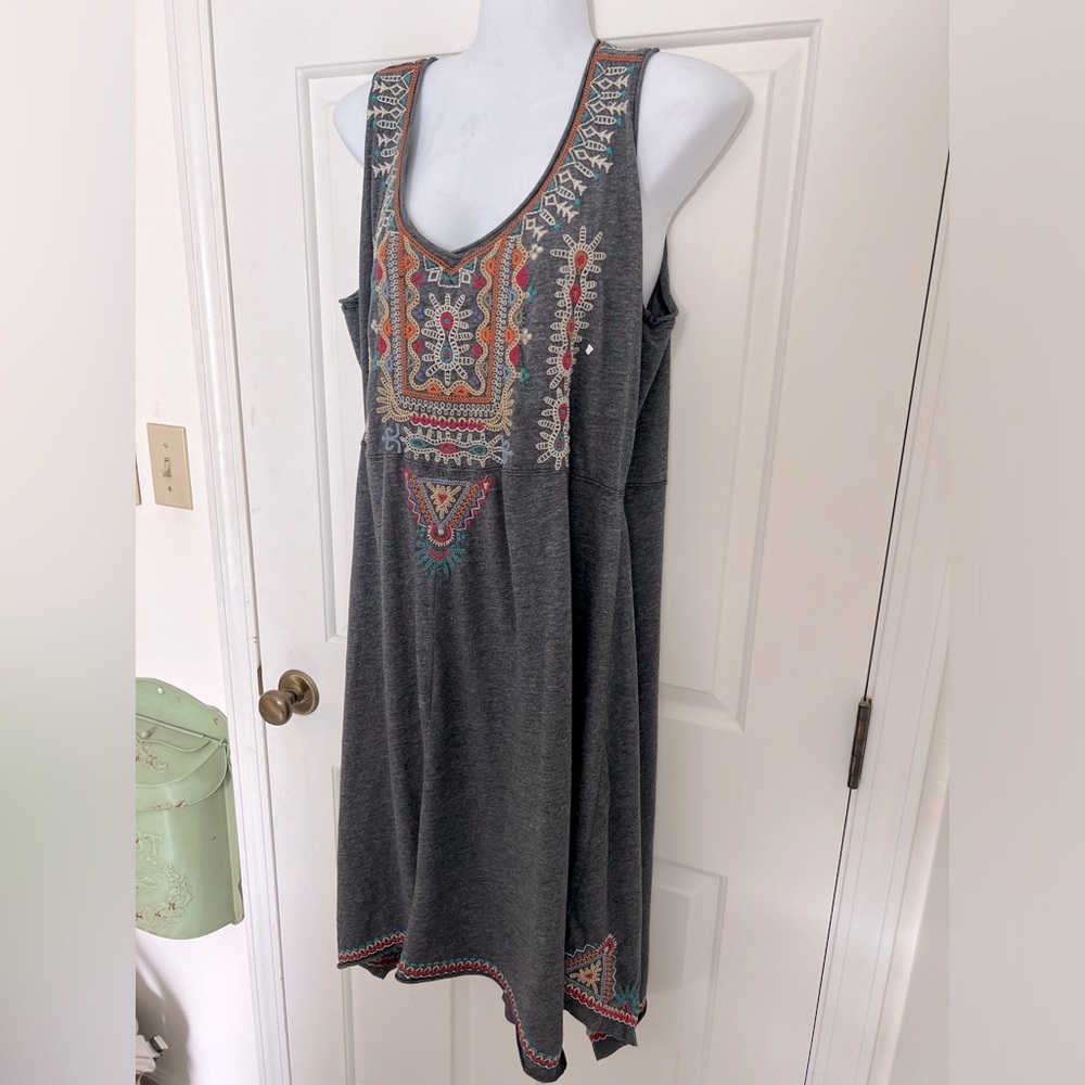 Rare Johnny Was Annika Swingy Tank Dress Tribal Embroidery Cotton Blend Grey 1X